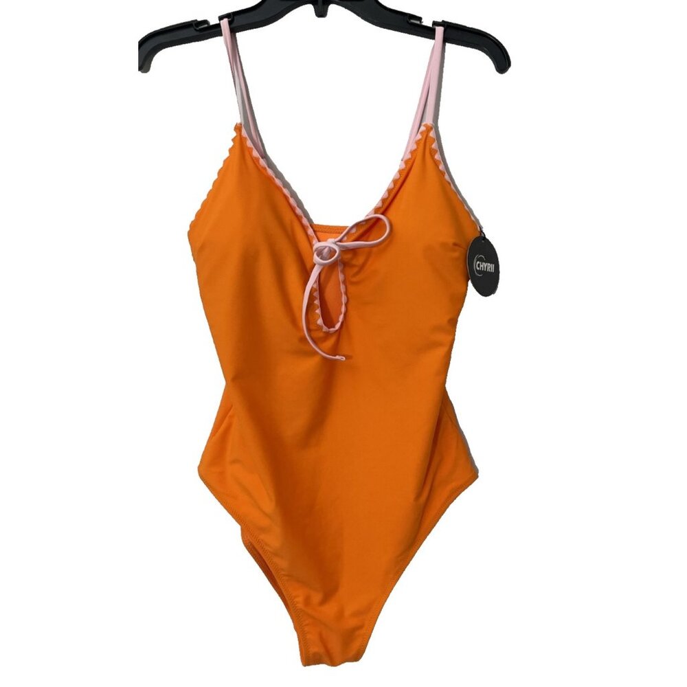CHYRII Women's Cutout Scalloped One Piece Swimsuit Size Large NWT Orange